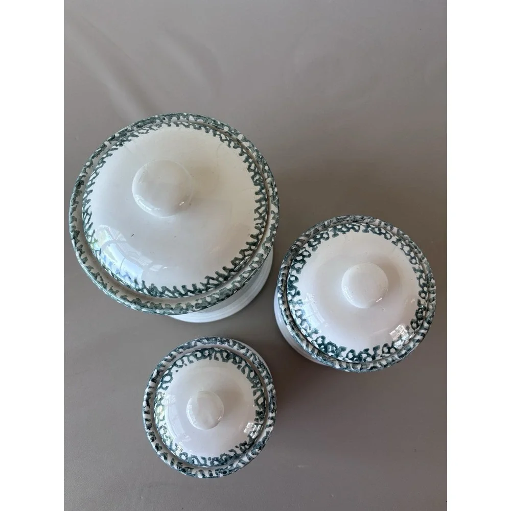 Corelle Canister Set 3pc Green Hearts Sponge Ceramic Farmhouse Cottagecore
